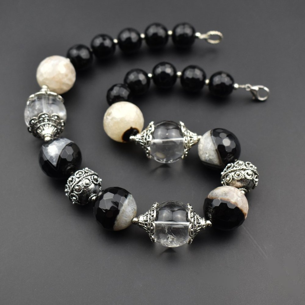 Super chunky black white collar necklace, statement zebra gemstone choker